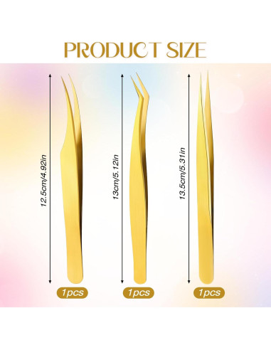 Juego de 3 Pinzas Doradas Sliverdew para Extensiones de Pestañas