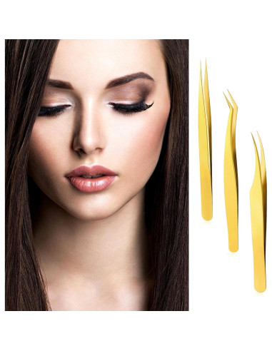 Juego de 3 Pinzas Doradas Sliverdew para Extensiones de Pestañas