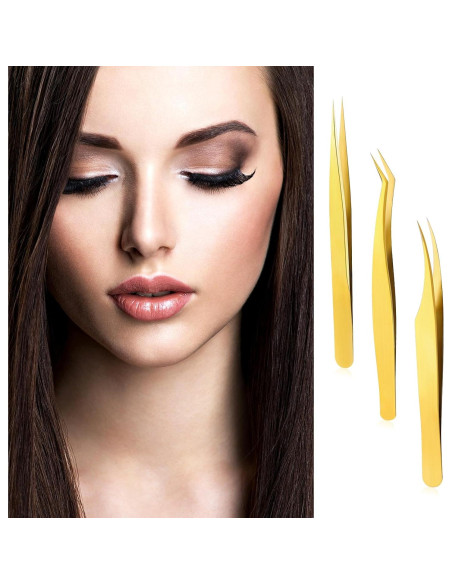 Juego de 3 Pinzas Doradas Sliverdew para Extensiones de Pestañas