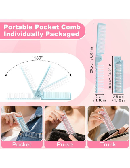 10 Cepillos de Pelo Plegables Etenpo Rosa y Azul Viaje