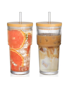 Set de 2 Tazas de Vidrio 20oz con Tapa de Bambú y Popotes AUFXKOO