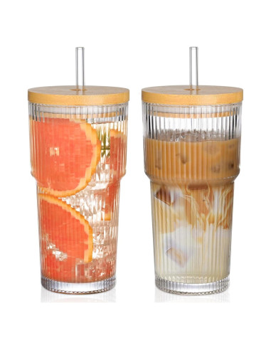 Set de 2 Tazas de Vidrio 20oz con Tapa de Bambú y Popotes AUFXKOO