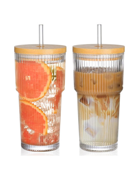 Set de 2 Tazas de Vidrio 20oz con Tapa de Bambú y Popotes AUFXKOO