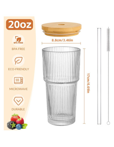 Set de 2 Tazas de Vidrio 20oz con Tapa de Bambú y Popotes AUFXKOO