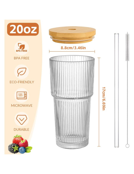 Set de 2 Tazas de Vidrio 20oz con Tapa de Bambú y Popotes AUFXKOO