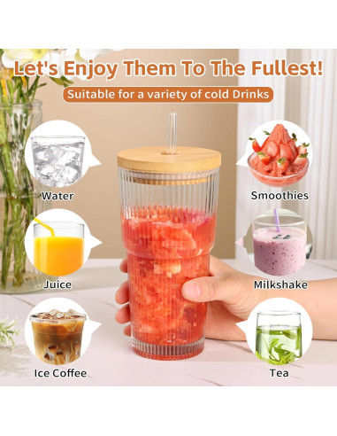 Set de 2 Tazas de Vidrio 20oz con Tapa de Bambú y Popotes AUFXKOO