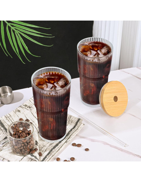 Set de 2 Tazas de Vidrio 20oz con Tapa de Bambú y Popotes AUFXKOO