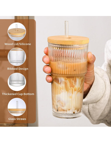 Set de 2 Tazas de Vidrio 20oz con Tapa de Bambú y Popotes AUFXKOO