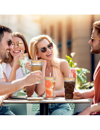 Set de 2 Tazas de Vidrio 20oz con Tapa de Bambú y Popotes AUFXKOO