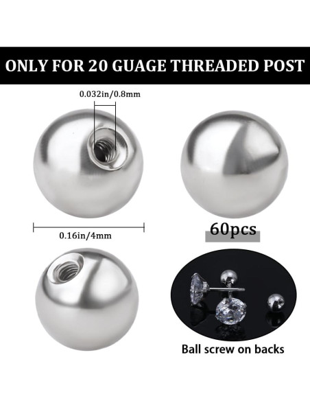 Beebeecraft 60Pcs Respaldos de Aretes Plateados 4mm Acero Inoxidable