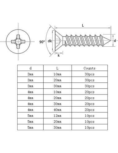 Juego de Tornillos Autoperforantes YIKANGHENG 200 Pcs Acero Inoxidable 304