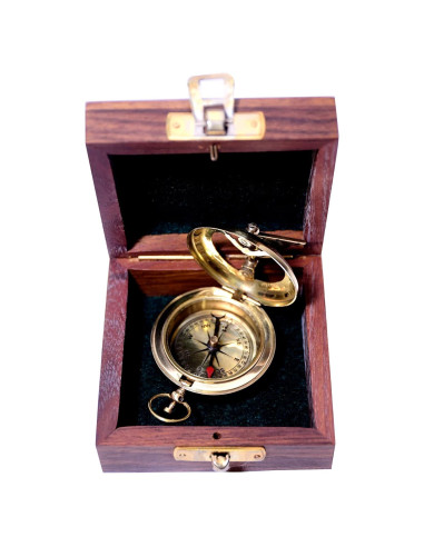 Brújula de Bronce Hecha a Mano con Caja de Madera - 6.35 cm
