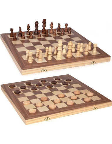 Juego de Ajedrez y Damas de Madera AMEROUS 39.6 cm 2 en 1