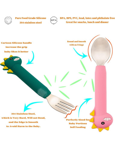 Juego de Cucharas y Tenedores para Bebés NICINGU - Silicona y Acero Inoxidable