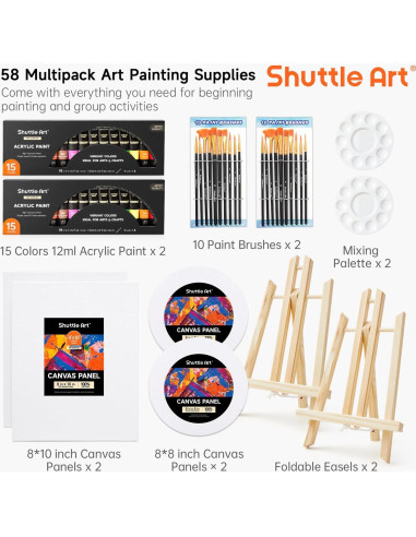 Juego de Pintura Acrílica Shuttle Art 58 Pack con Lienzos y Pinceles