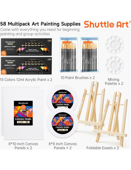 Juego de Pintura Acrílica Shuttle Art 58 Pack con Lienzos y Pinceles