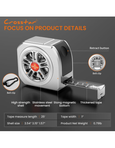 Cinta Métrica Autocierre Crosstar 7.6m Acero Inoxidable Impermeable
