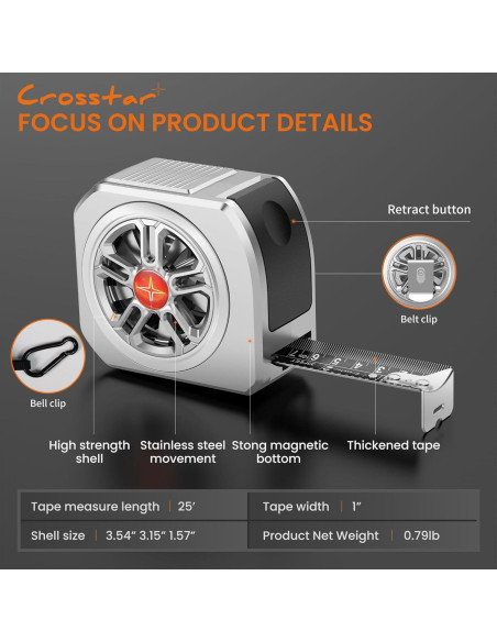 Cinta Métrica Autocierre Crosstar 7.6m Acero Inoxidable Impermeable