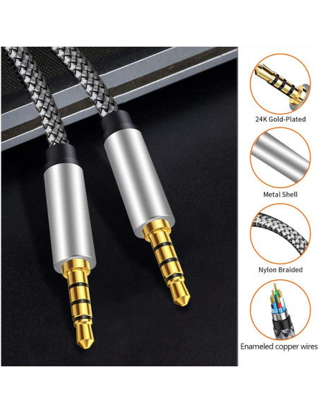 Cable Auxiliar Macho a Macho 3.5mm Tan QY 30cm Plata