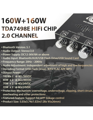 Amplificador Estéreo 160W+160W DAMGOO T160HS Bluetooth AUX