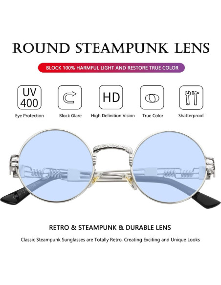 Gafas de sol redondas AIEYEZO steampunk UV 100% plata/azul