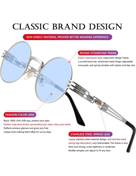Gafas de sol redondas AIEYEZO steampunk UV 100% plata/azul