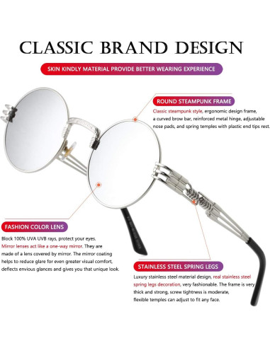 Gafas de sol redondas AIEYEZO steampunk plata 48mm UV