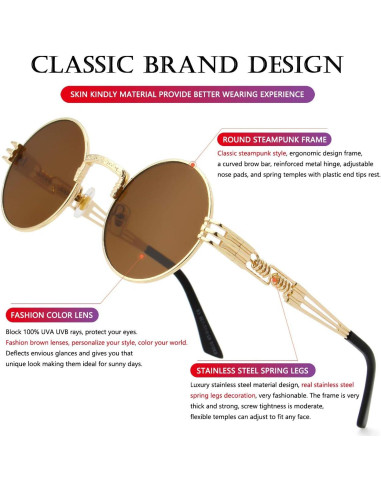 Gafas de sol redondas AIEYEZO metal UV 100% oro/marrón