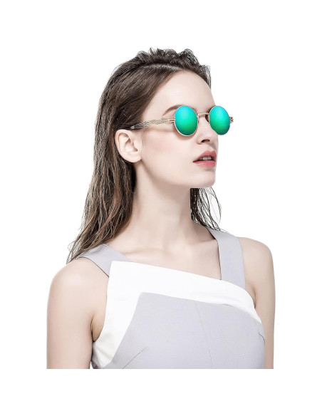 Gafas de sol redondas AIEYEZO steampunk UV 100% oro/espejo verde