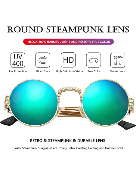 Gafas de sol redondas AIEYEZO steampunk UV 100% oro/espejo verde