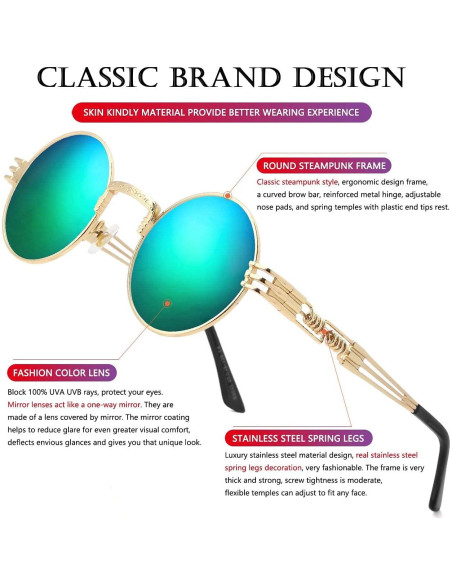 Gafas de sol redondas AIEYEZO steampunk UV 100% oro/espejo verde