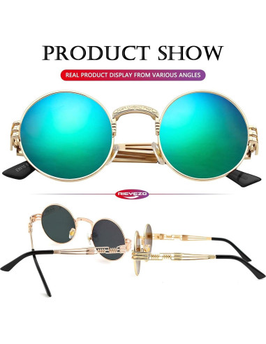 Gafas de sol redondas AIEYEZO steampunk UV 100% oro/espejo verde