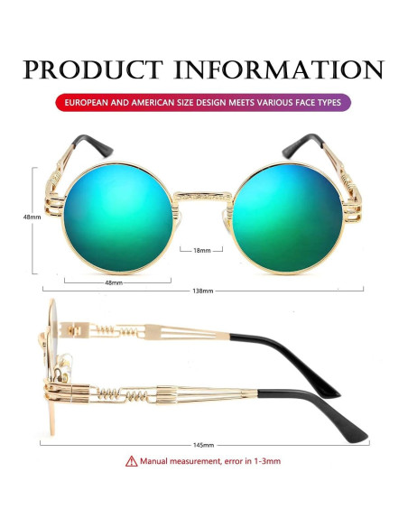 Gafas de sol redondas AIEYEZO steampunk UV 100% oro/espejo verde