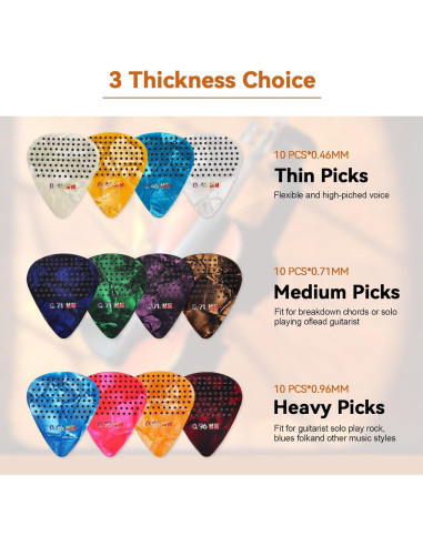 30 Púas de Guitarra Antideslizantes con Estuche - Multicolor