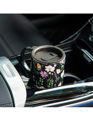 Taza de Viaje Cerámica Topadorn 17 Oz Floral Negra con Tapa