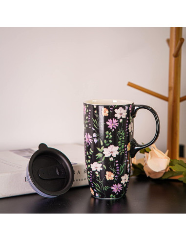 Taza de Viaje Cerámica Topadorn 17 Oz Floral Negra con Tapa