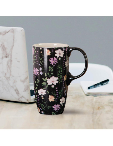 Taza de Viaje Cerámica Topadorn 17 Oz Floral Negra con Tapa