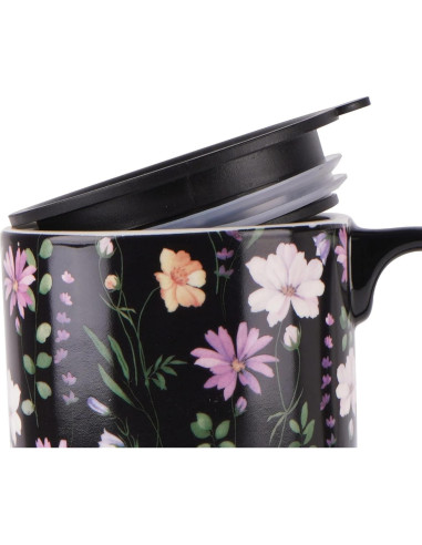 Taza de Viaje Cerámica Topadorn 17 Oz Floral Negra con Tapa