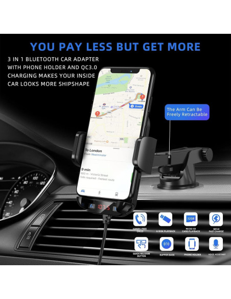 Adaptador de Coche Bluetooth 3 en 1 Magift A20 Pro - Transmisor FM 5.3 con Carga Rápida QC3.0