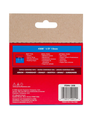 Grapas Arrow 508 T50 1/2" 1250 Unidades para Tapicería