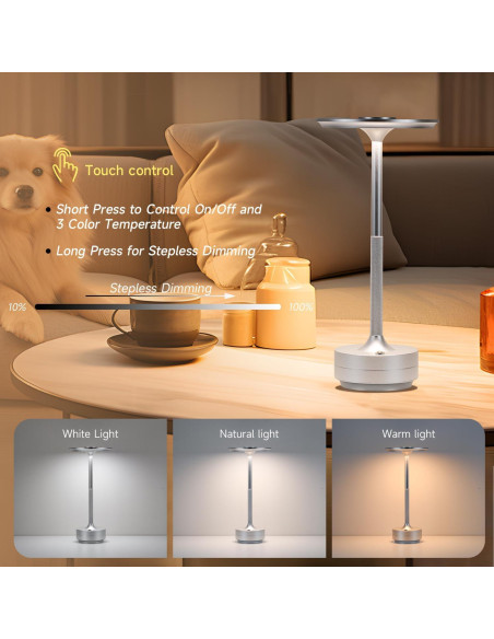 Lámpara de Mesa Inalámbrica LED Recargable 5000mAh Plata