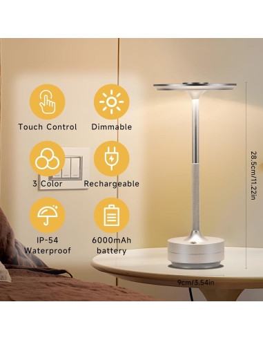 Lámpara de Mesa Inalámbrica LED Recargable 5000mAh Plata