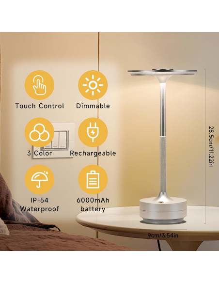 Lámpara de Mesa Inalámbrica LED Recargable 5000mAh Plata