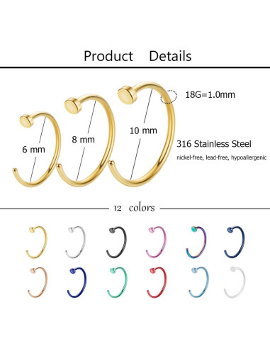 Set de Aros de Nariz Acero Inoxidable 18G 36 Piezas Multicolor