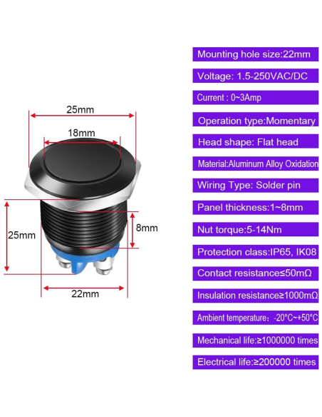 Interruptor Momentáneo IP65 22mm 3A 12V 24V 36V 110V 250V Aluminio Negro