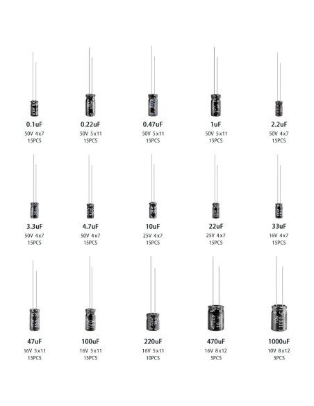Kit de 200 Capacitores Electrolíticos Aluminio Petutu 0.1uF-1000uF