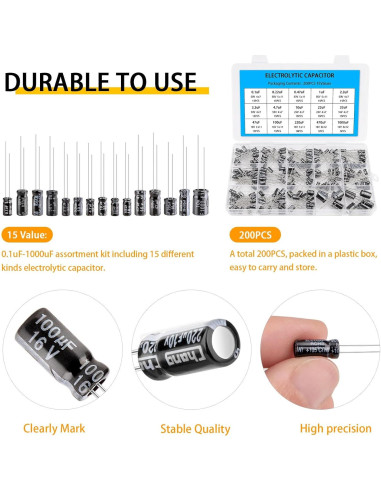 Kit de 200 Capacitores Electrolíticos Aluminio Petutu 0.1uF-1000uF