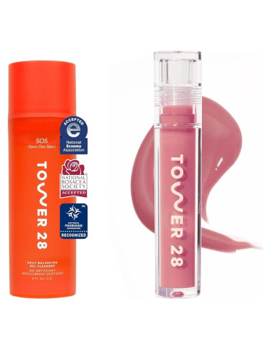 Brillo de Labios Lechoso Tower 28 + Gel Limpiador SOS 150 ML