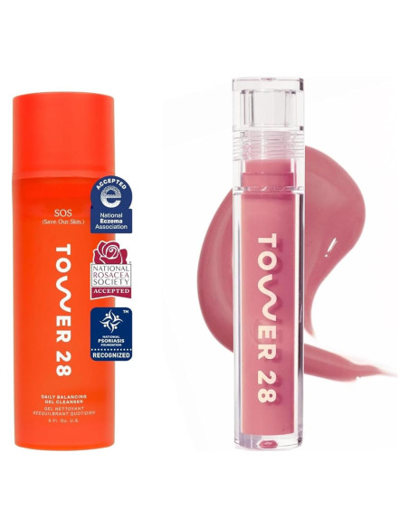 Brillo de Labios Lechoso Tower 28 + Gel Limpiador SOS 150 ML