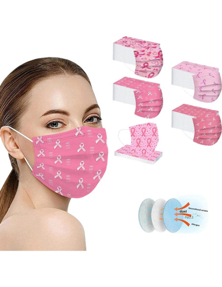 Paquete de 50 mascarillas desechables rosa - Concienciación cáncer de mama